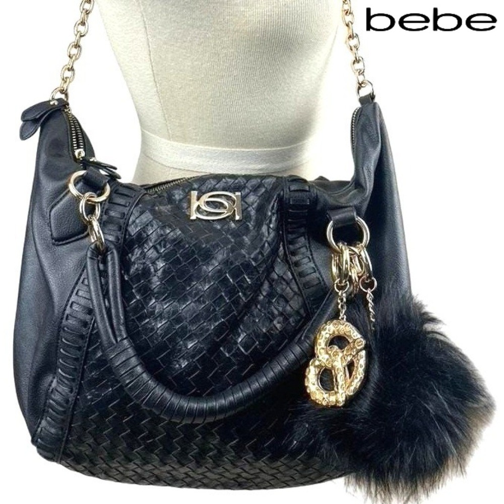 Y2K BEBE Black Vegan Hobo Purse Bag Charm Gold Chain Pretzel Bling Mobwife Woven